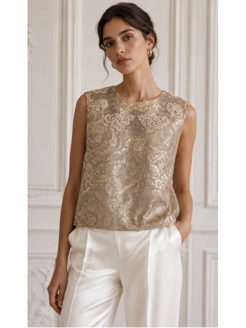 Dolce & Gabbana Floral Brocade Blouse, Size 44/8 Beige and Gold Italian Luxury